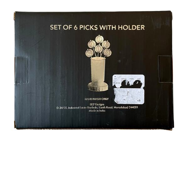 6pc Fall PUMPKIN Metal Cocktail Picks & White Marble Holder Holiday Hosting NEW - Picture 5 of 9